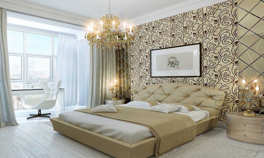 Фото в современном стиле интерьер спальни с обоями двух видов