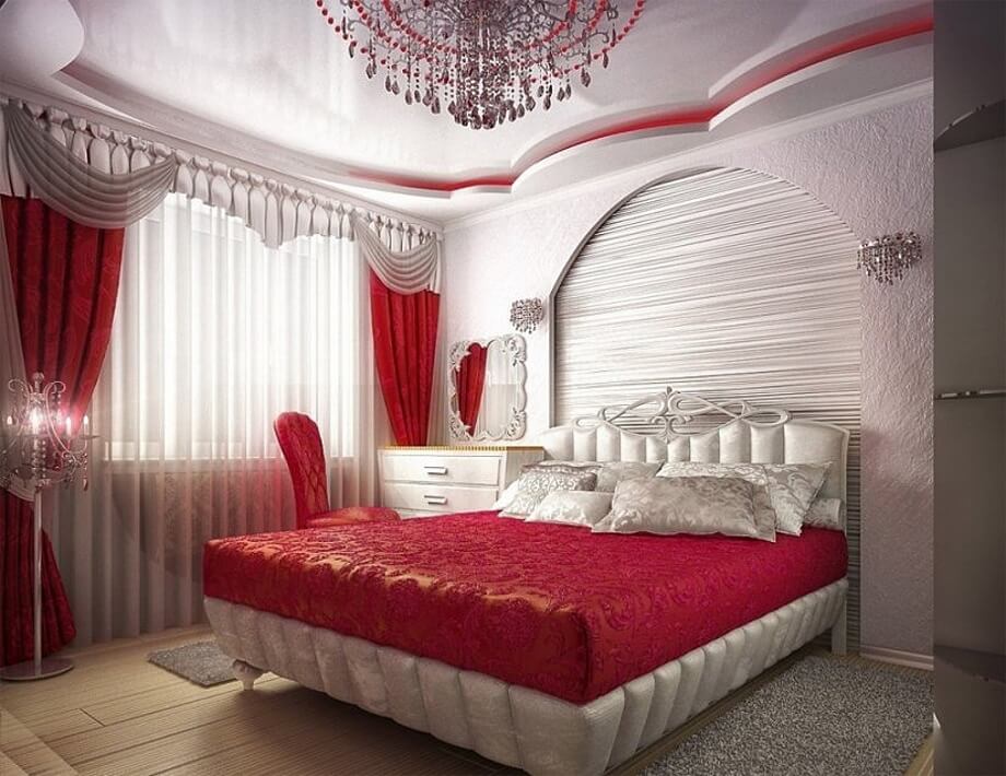 Бело красные цвета в интерьере спальни