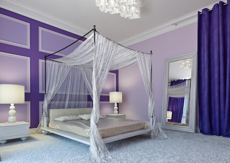 Фиолетовый дизайн спальни для взрослых